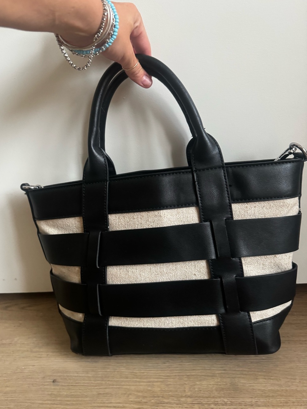 Mystique Boutique Black and Cream Woven Accent Tote